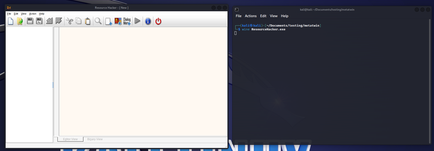 Running ResourceHacker in Windows & Kali